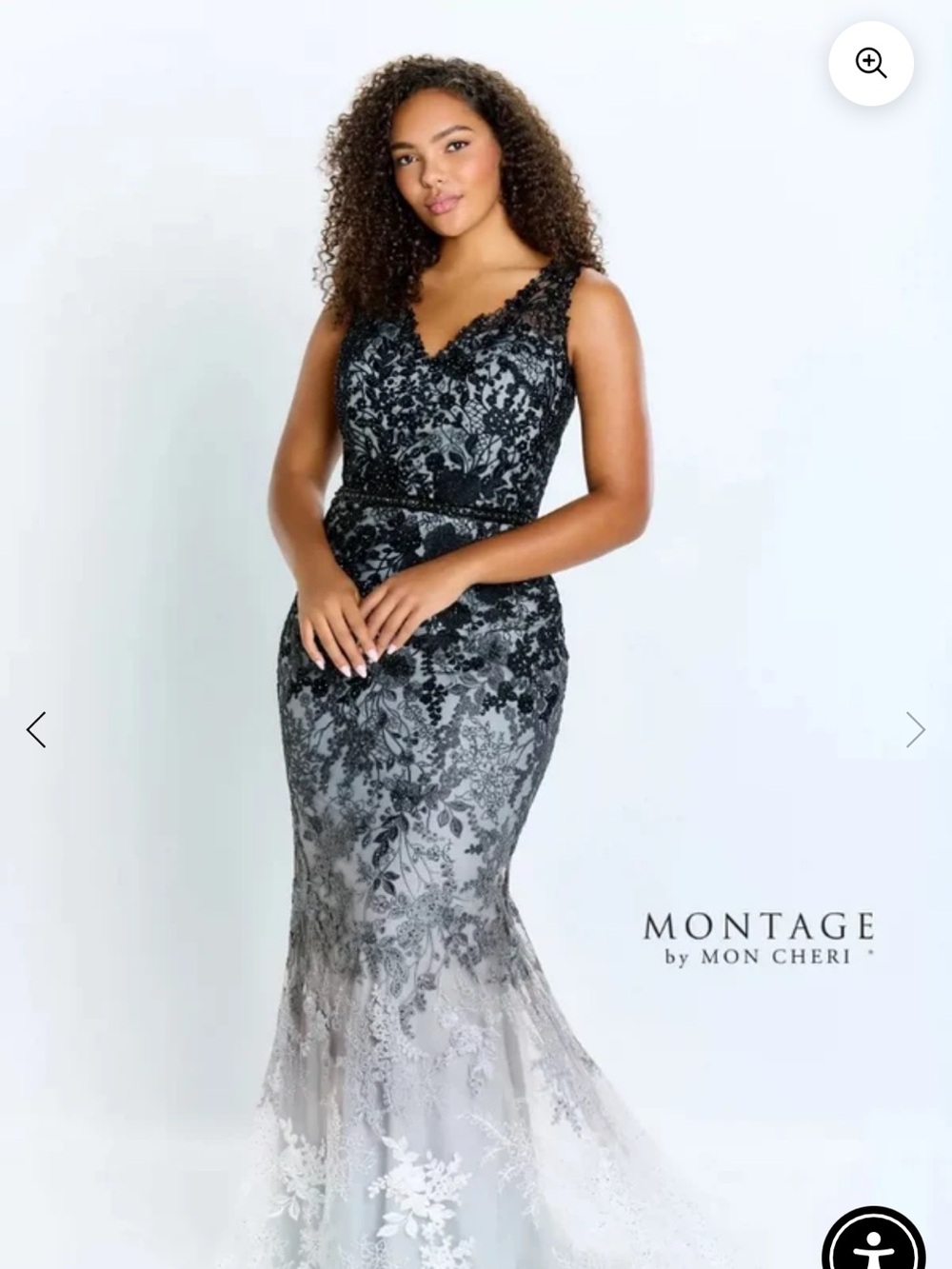 Montage by Mon Cheri Blue and Gray Lace V‑Neck Ombre Evening Gown